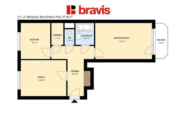 Pronájem cihlového bytu 2+1, lodžie, po kompletní rekonstrukci, komora, Brno - Královo Pole, ul. Mánesova