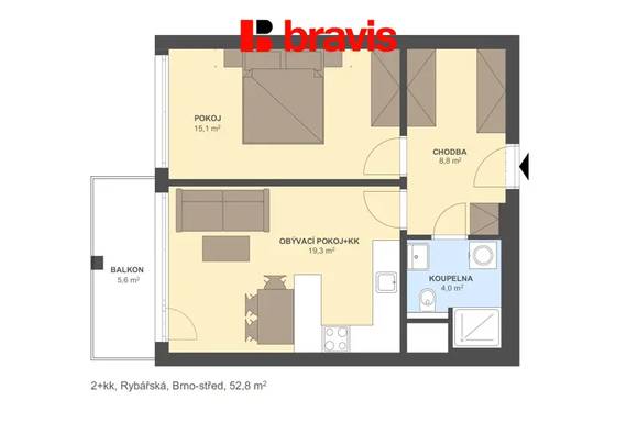 Pronájem bytu 2+kk, Brno - Staré Brno, ul. Rybářská, sklep, balkon, garážové stání