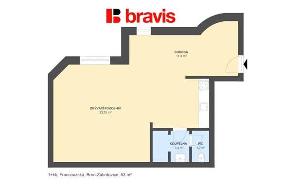 Pronájem bytu 1+kk, 53 m², Brno – Zábrdovice, ulice Francouzská