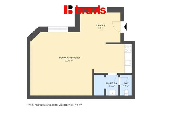 Pronájem moderního bytu 1+kk, 46 m², Brno – Zábrdovice, ulice Francouzská