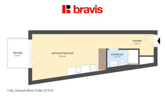 Rent flats 1+KT 27 m², Brno - Komárov