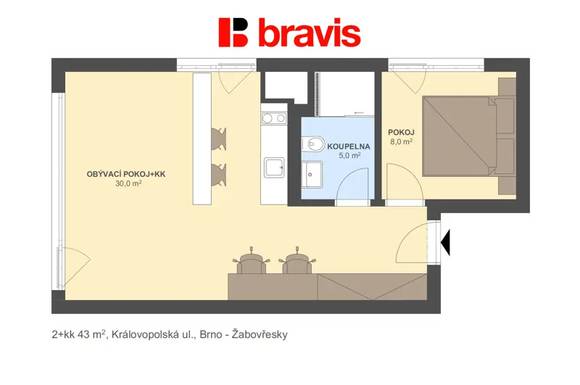 Nové 2+kk, Brno – Královopolská: Kompletně zařízený, s posilovnou, wifi
