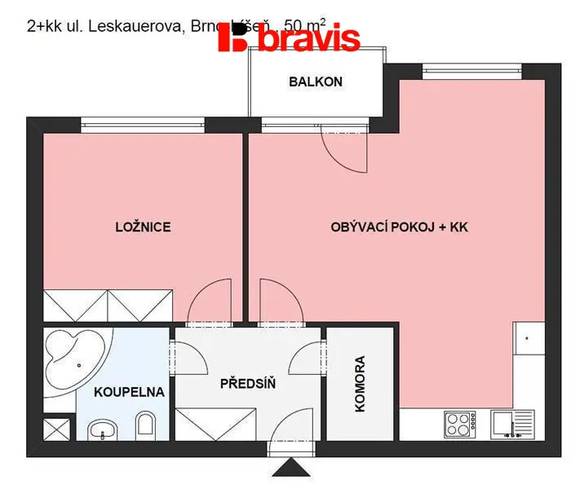 Pronájem bytu 2+kk, ul. Leskauerova, Brno - Líšeň,  balkon, možnost garážového stání