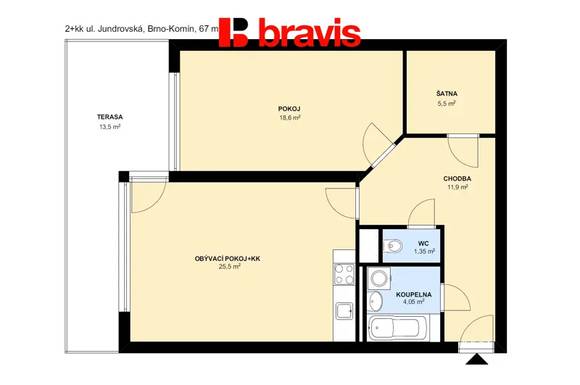 Pronájem prostorného bytu 2+kk, Brno - Komín, ul. Jundrovská, terasa, dvě parkovací stání