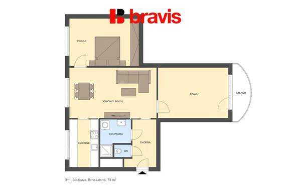 Pronájem bytu 3+1, ul. Blažkova, Brno - Lesná, balkon, sklep, částečně zařízený