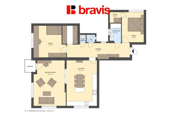 Prodej bytu 3+1, ulice Kotlářská, Brno - Veveří, krb, balkon, šatna, technická místnost, sklep, společný vnitroblok se zelení