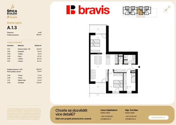 Prodej moderní, nízkoenergetické novostavby, byt 4+kk, 80,6m², Tuřany, zahrada 57,6m², dvě terasy, možnost sklepa a parkování
