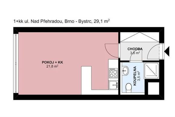 Pronájem bytu 1+kk, Brno - Bystrc, ul. Nad Přehradou, zařízený, blízko Brněnské přehradě