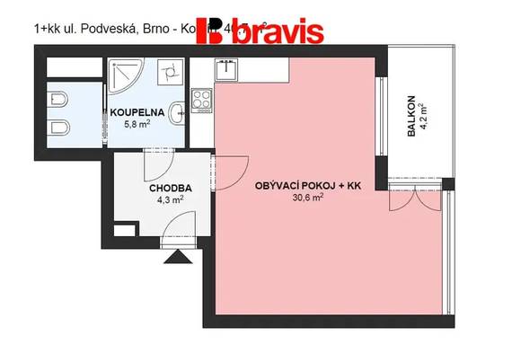 Pronájem prostorného bytu 1+kk, ulice Podveská, Brno-Komín, kompletně zařízený, výtah, balkón, internet v ceně nájmu, vnitroblok, bezproblémové parkování