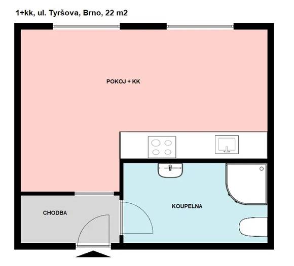 Pronájem bytu 1+kk, ul. Tyršova, Brno - Královo Pole, částečně zařízený, zahrada