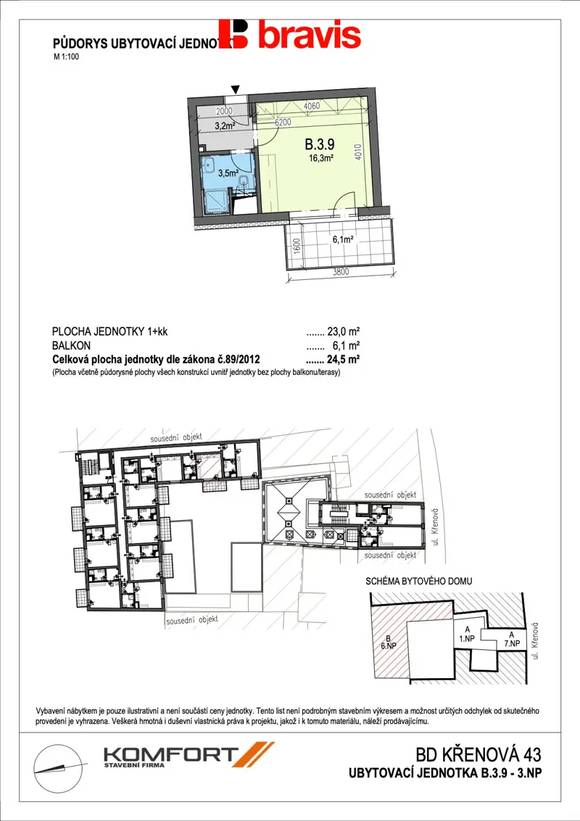 Pronájem bytu 1+kk, Brno - Trnitá, ul. Křenová, novostavba, balkon, výborná dostupnost do centra