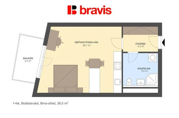 Pronájem bytu 1+kk, výhoda prvního nájemníka, Brno - Zábrdovice, ulice Bratislavská, sklep, balkon, parkování v garáži, zdarma gym a sauna