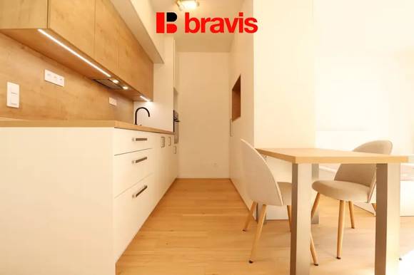 Pronájem bytu 1+kk, výhoda prvního nájemníka, Brno - Zábrdovice, ulice Bratislavská, sklep, balkon, parkování v garáži, zdarma gym a sauna
