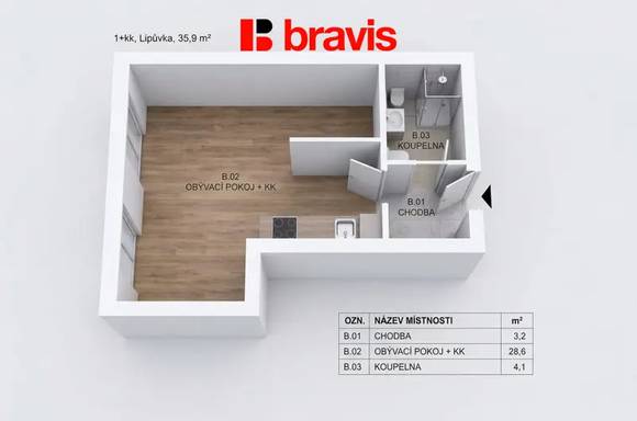 Prodej moderní novostavby bytu 1+kk, Lipůvka u Brna, parkovací stání a sklep v ceně