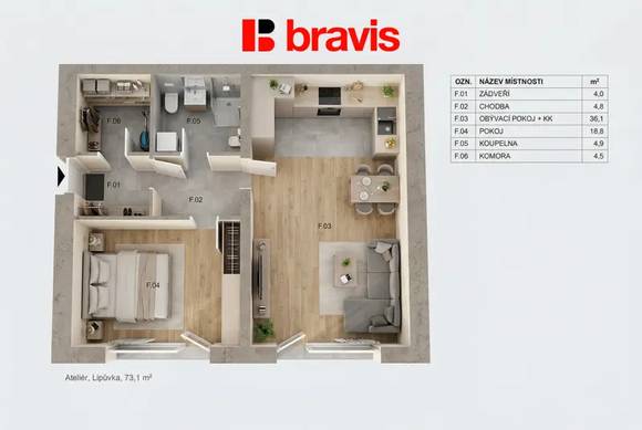 Prodej moderního, prostorného ateliéru 2+kk, 73m², šatna, parkovací stání, Lipůvka u Brna