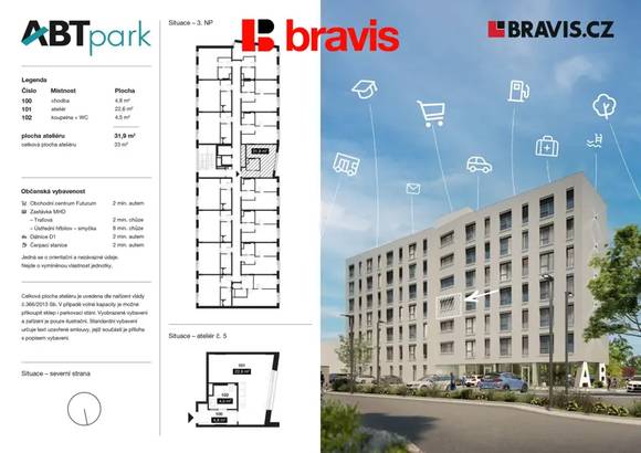 Pronájem nového bytu 1+kk, ulice Bohunická, Brno - Horní Heršpice, sklep, parkování