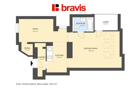 Prodej atypického bytu 2+kk, 42,5 m² + lodžie, ul. Křížkovského, Staré Brno