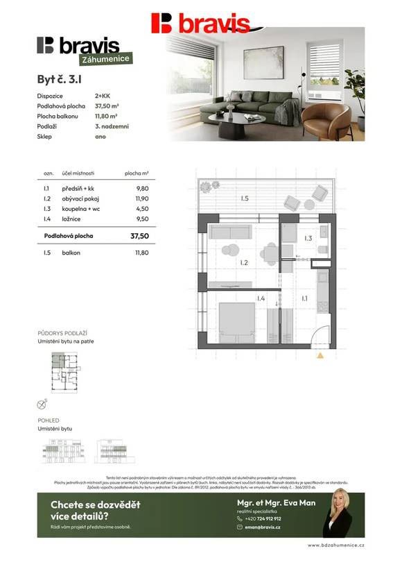 Prodej nadstandardního, moderního bytu 2+kk, 49 m², balkon, sklep, Brno - Horní Heršpice, parkování