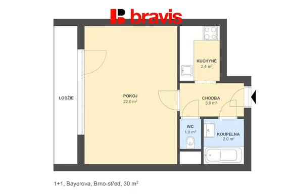 Pronájem zařízeného bytu 1+1, Brno - Veveří, ulice Bayerova, lodžie