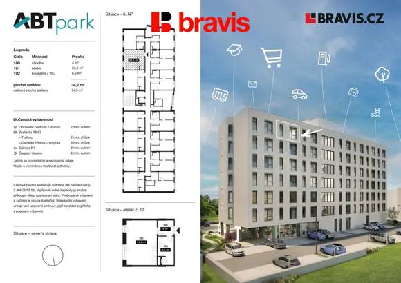 Pronájem bytu 1+kk 35 m², ulice Bohunická, Brno - Horní Heršpice, ABT Park, parkování, sklepní kóje