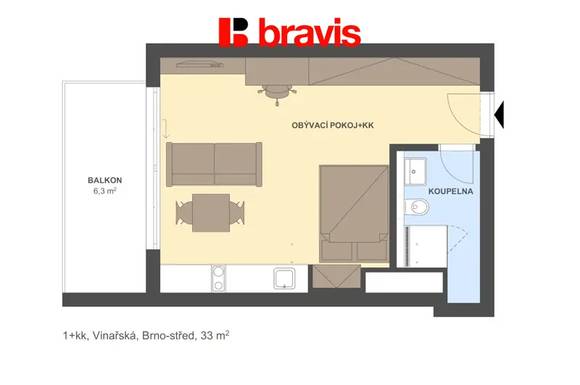 Pronájem bytu 1+kk, Brno - Pisárky, Vinařská ulice, zařízený, balkon, sklep, garážové stání