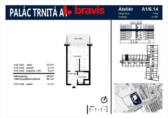 Pronájem kompletně zařízeného bytu 1+kk, Palác Trnitá, ul. Trnitá, s balkonem a možností garážového stání