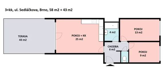 Pronájem bytu 3+kk, ul. Sedláčkova, Brno - Líšeň, terasa, sklep, garážové stání