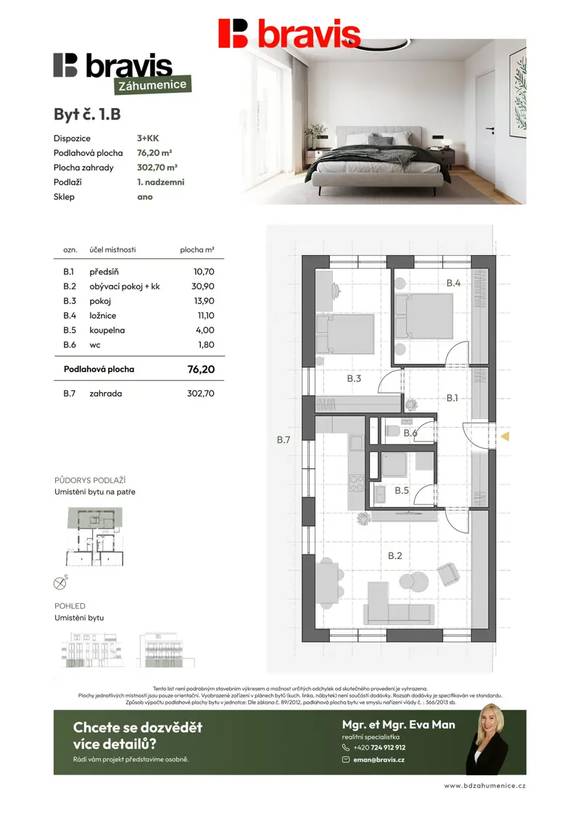 Prodej nadstandardního bytu 3+kk, 76,2 m², zahrada 307 m², sklep, Brno - Horní Heršpice, možnost parkování