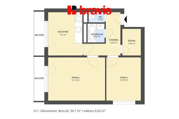 Prodej bytu 2+1 se šatnou, 51 m² a dvěma lodžiema 6,2 m2, Brno – ulice Záhumenice