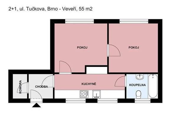 Pronájem bytu 2+1, Brno - Veveří, Tučkova ulice, balkon, internet