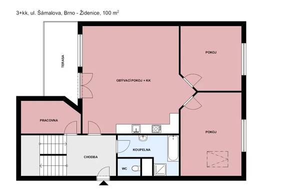 Pronájem novostavby bytu 4+kk, Brno - Zábrdovice, Šámalova ulice, částečně zařízený, klimatizovaný