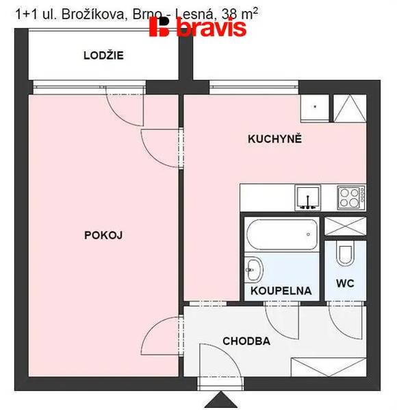 Pronájem bytu 1+1 38 m², částečně zařízený, lodžie,  Brno - Lesná, ul. Brožíkova