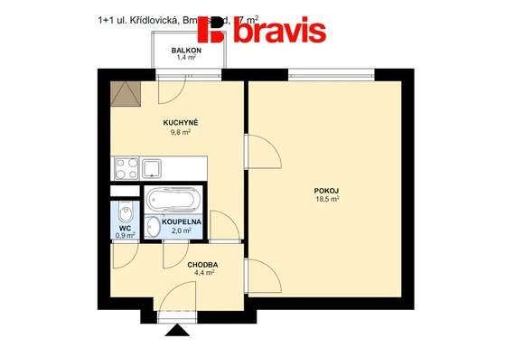Pronájem bytu 1+1, ul. Křídlovická, Brno - střed, výborná dostupnost, sklep, balkon s výhledem do vnitrobloku