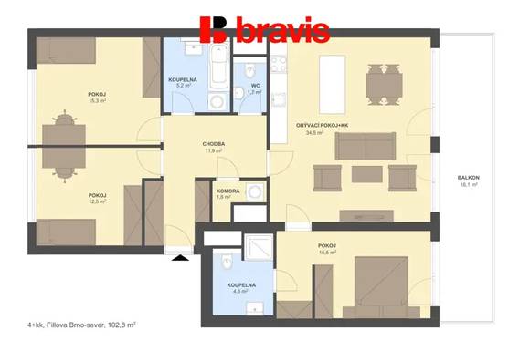 Pronájem moderního bytu 4+kk s terasou, sklepem a 2 parkovacími stáními – Brno, Lesná, ulice Fillova