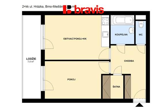 Pronájem bytu 2+kk, Brno - Medlánky, ulice Hrázka, lodžie, sklep, klidná lokalita