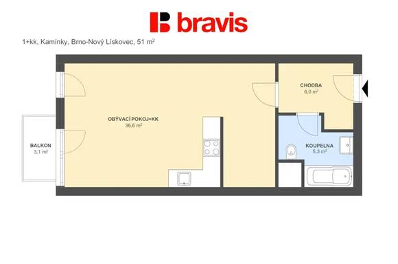 Pronájem bytu 1+kk, Brno - Nový Lískovec, ulice Kamínky, balkon, sklep, zařízený