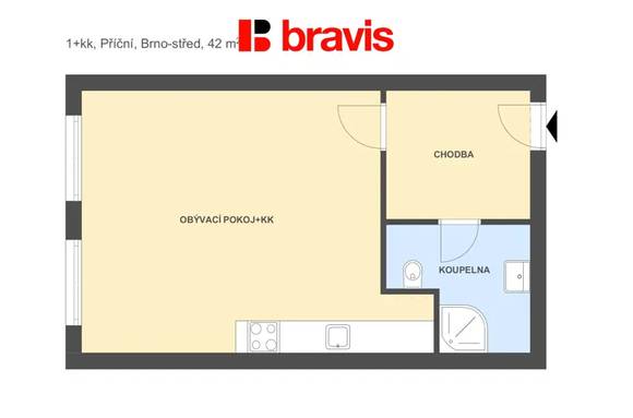 Pronájem bytu 1+kk, Brno - centrum, ulice Příční, zařízený, v blízkosti centra města Brna
