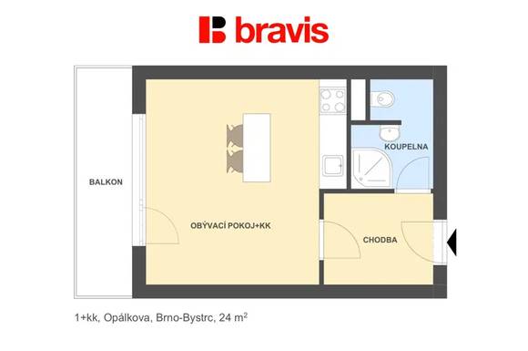 Pronájem bytu 1+kk, Brno - Bystrc, ul. Opálkova, zrekonstruovaný, balkon, sklep
