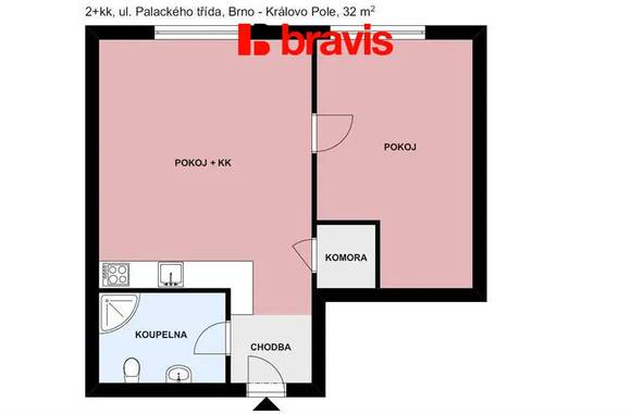 Pronájem bytu 2+kk, Brno - Kr. Pole, ul. Palackého třída, plně zařízený, po kompletní rekonstrukci