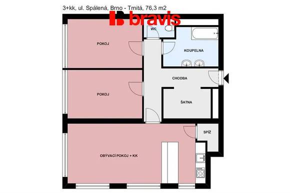 Pronájem bytu 3+kk, ulice Spálená, Brno - Trnitá, zařízený, výtah, možnost garážového stání, v blízkosti Vlněny