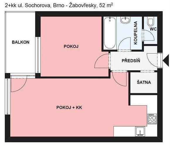 Pronájem bytu 2+kk, ul. Sochorova, Brno - Žabovřesky, novostavba, částečně zařízený, balkon 6m²