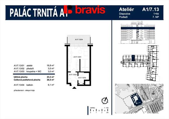 Pronájem zařízeného ateliéru 1+kk, Palác Trnitá, balkon, sklep, garážové stání