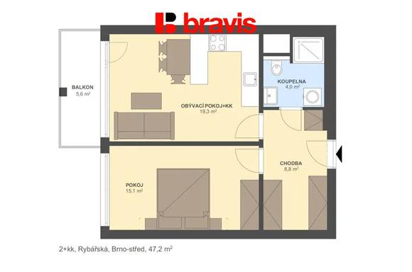 Pronájem bytu 2+kk, Brno - Staré Brno, ul. Rybářská, sklep, balkon, garážové stání