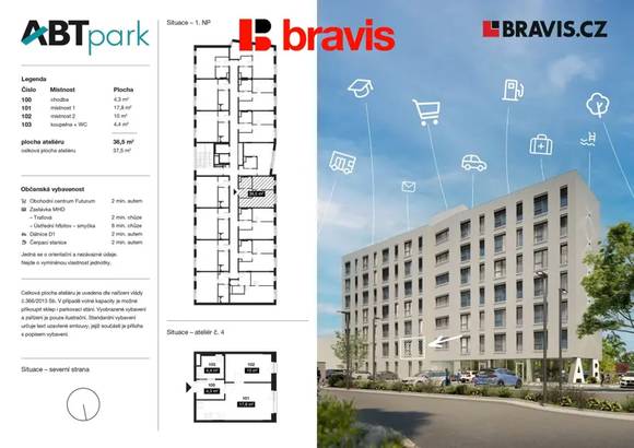 Pronájem bytu 2+kk, ulice Bohunická, Brno - Horní Heršpice, ABT Park, novostavba, možnost parkování