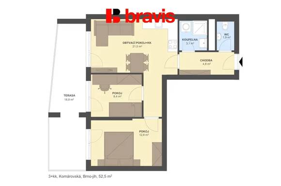 Pronájem bytu 3+kk, Brno - Heršpice, novostavba, částečně zařízené, terasa, ul. Komárovská