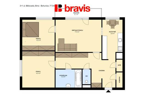 Pronájem bytu 3+1, Brno - Bohunice, ul. Běloruská, balkon, sklep