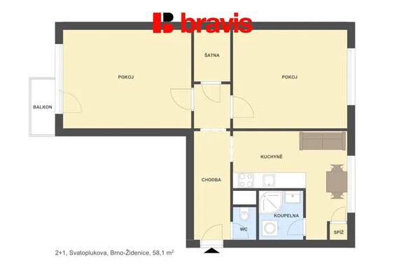 Pronájem bytu 2+1, ul. Svatoplukova, Brno-Židenice, zařízený, sklep, lodžie, internet v ceně