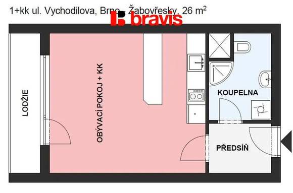 Pronájem bytu 1+kk, Brno - Žabovřesky, ul. Vychodilova, zařízený, zasklená lodžie