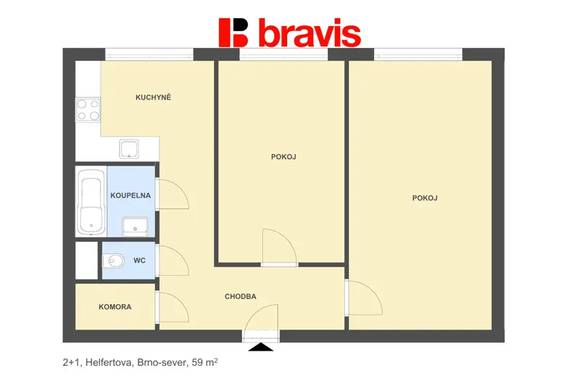 Pronájem bytu 2+1, ul. Helfertova, Brno - Černá Pole, dvůr, sklep, 59 m²