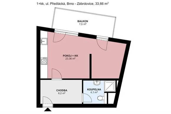 Pronájem bytu 1+kk, Brno - Zábrdovice, ul. Přadlácká, balkon, sklep, parkovací stání